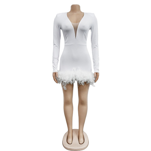 Fashion women's solid color deep V feather patchwork shorts jumpsuit
