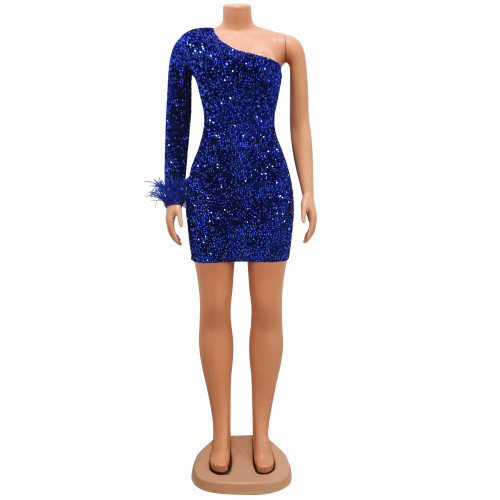 Women's sexy tight fitting beaded diagonal shoulder dress with feather sleeves