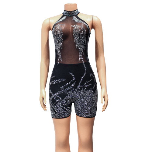 Women's Sexy Tight Mesh Perspective Hot Diamond jumpsuit