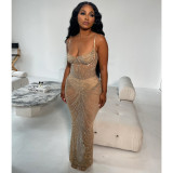 Fashionable women's solid color mesh hot diamond strap long dress