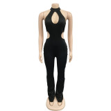 Fashion Women's Solid Color Sexy Hanging Neck Hollow out Long Pants Jumpsuit