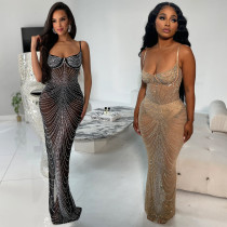 Fashionable women's solid color mesh hot diamond strap long dress