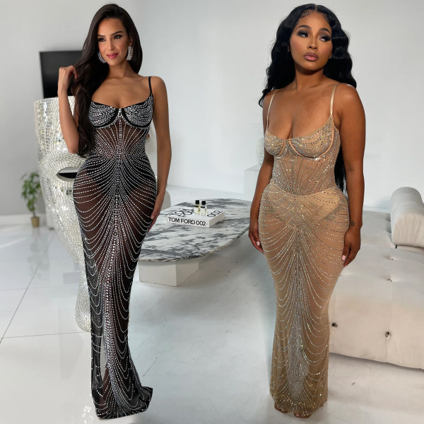 Fashionable women's solid color mesh hot diamond strap long dress