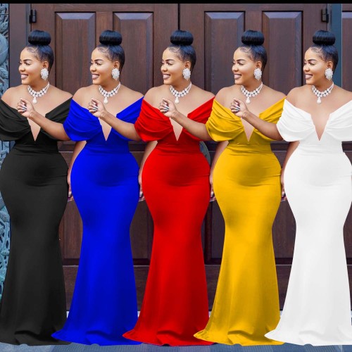 Fashion Women's Solid Color Off Shoulder Deep V Open Back Fishtail Dress