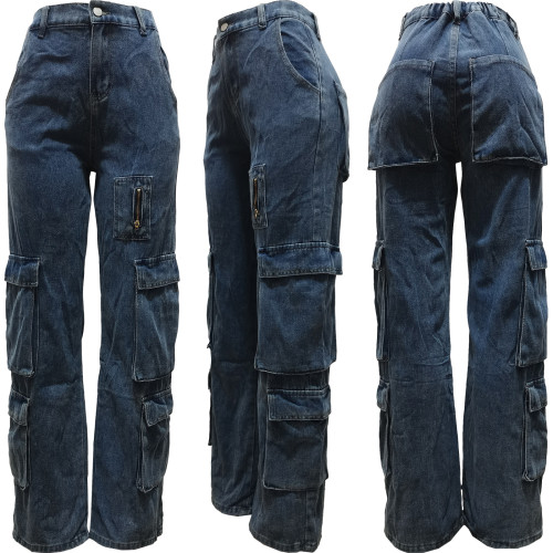 Washed accordion bag, work bag, zipper, casual elastic waist denim pants