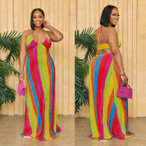Sexy colorful printed pleated neck tie loose oversized dress