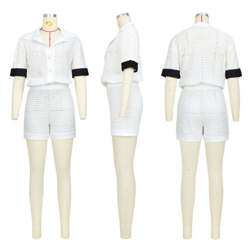 Solid color hollow out small fragrant shorts two-piece set