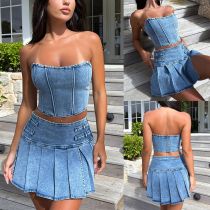 Bra less denim set sleeveless spicy girl sexy navel exposed high waisted split skirt