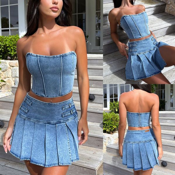Bra less denim set sleeveless spicy girl sexy navel exposed high waisted split skirt