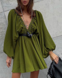 V-neck long sleeved dress with self-designed bubble sleeves and large swing skirt