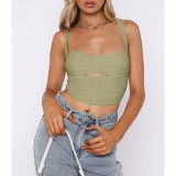 Fashionable pleated hollowed out slim fitting suspender top
