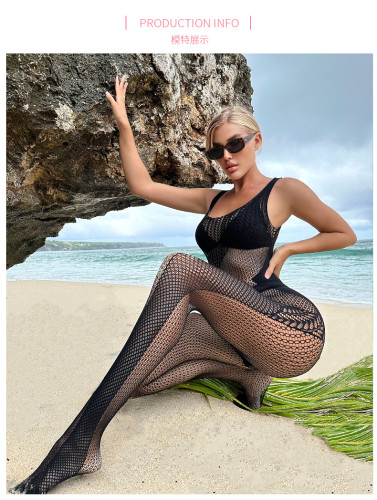 Women's sexy tight fitting perspective fun jumpsuit, popular European and American slim fitting mesh clothing