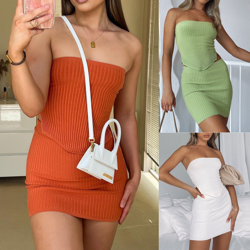 Knitted Irregular Bra Top Short Skirt Set New Open Back Sexy Short Skirt Wrap Hip Skirt Two Piece Set