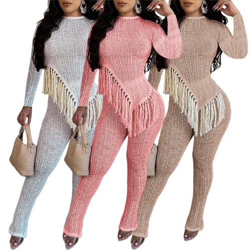 Irregular hem fringed long sleeved pants two-piece set