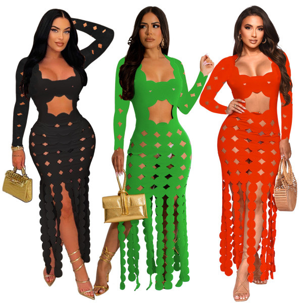 Square neck long sleeved personalized floral cut-out sexy nightclub dress