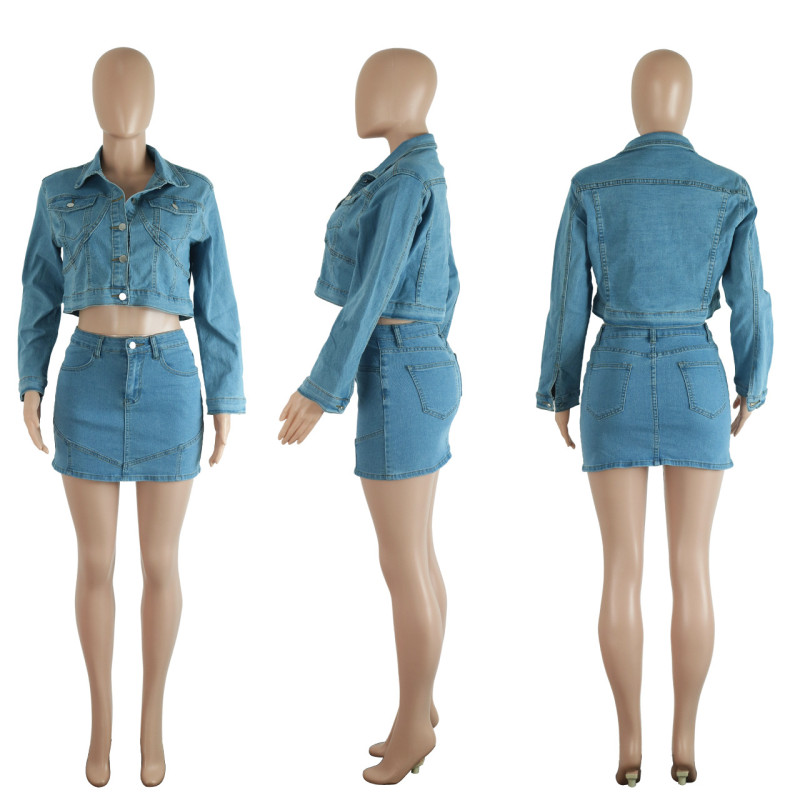 Stretch washed denim jacket short skirt two-piece set