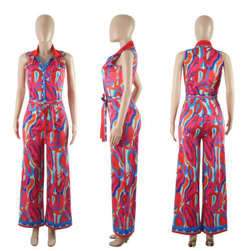 Ethnic style sleeveless positioning printed wide leg jumpsuit