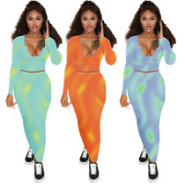 Sexy U-neck autumn/winter long sleeved tie dyed half skirt two-piece set