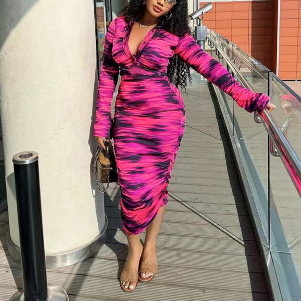 Printed Fashion Casual Pleated Long Sleeve Slim Fit Style Long Dress