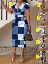 Fashionable V-neck slim fitting printed dress