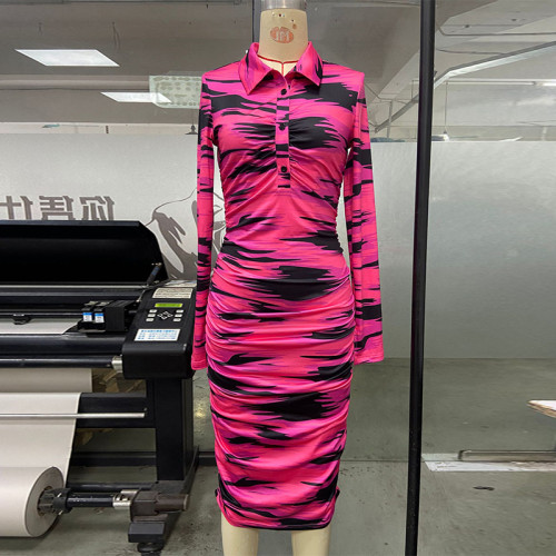 Printed Fashion Casual Pleated Long Sleeve Slim Fit Style Long Dress