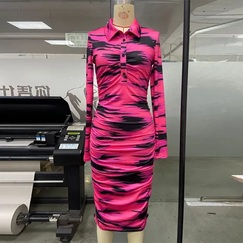 Printed Fashion Casual Pleated Long Sleeve Slim Fit Style Long Dress