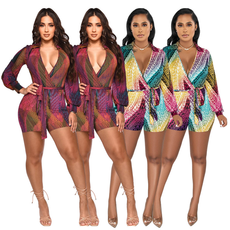 Deep V-neck colorful printed sexy strappy jumpsuit