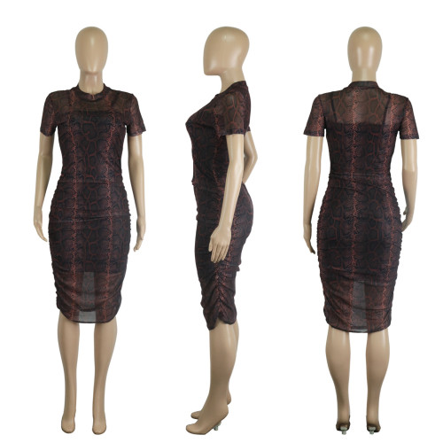 Perspective mesh suspender printed short sleeved sexy dress two-piece set