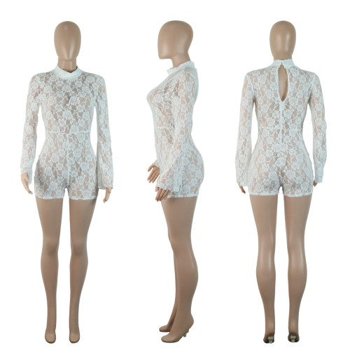 Floral lace elastic micro flared sleeves sexy jumpsuit
