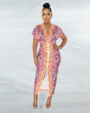 Printed V-neck ethnic style slit positioning pleated dress