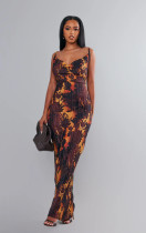 Printed Pleated Slim Slim Slim Slim Slim Strap Dress for Women