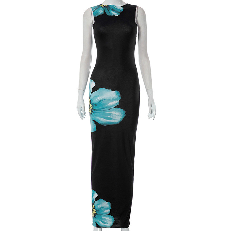 Casual floral print sleeveless round neck slim fitting basic dress