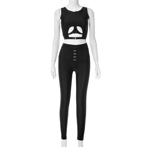 Tight sleeveless hollow top button pants casual set