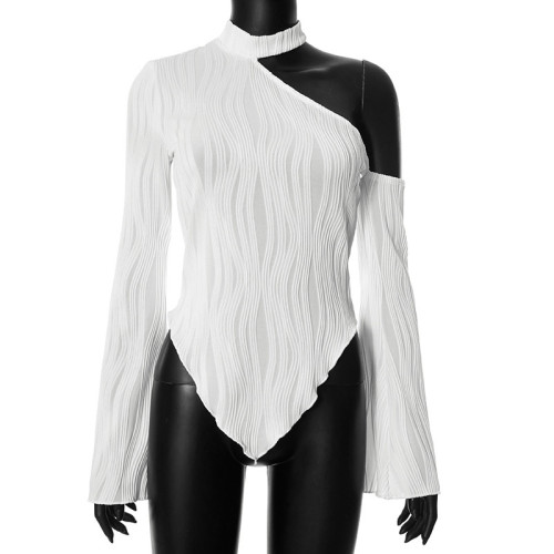 Solid casual off shoulder round neck long sleeved wooden ear edge slim fitting top