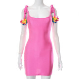 Solid casual smiley face tie slim fitting sleeveless suspender short dress