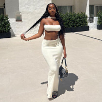 Solid color navel exposed short bra low waist split skirt two-piece set