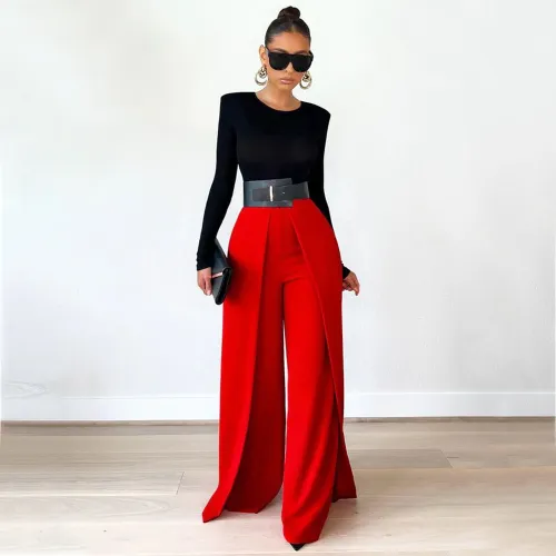 Women's draped loose and slim wide leg pants, solid color straight tube fashion casual pants