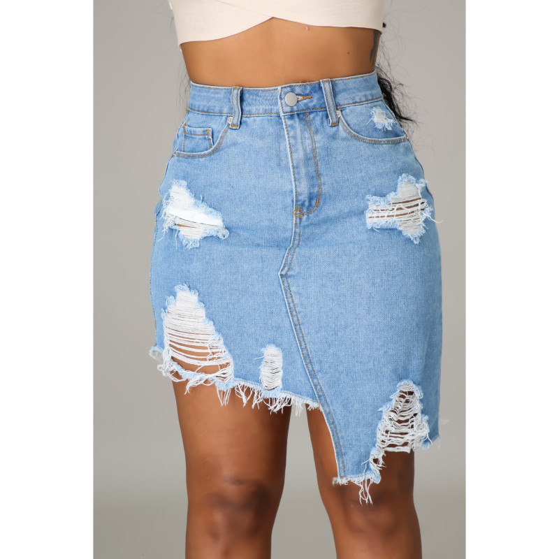Sexy trend with holes and irregular straight denim skirt