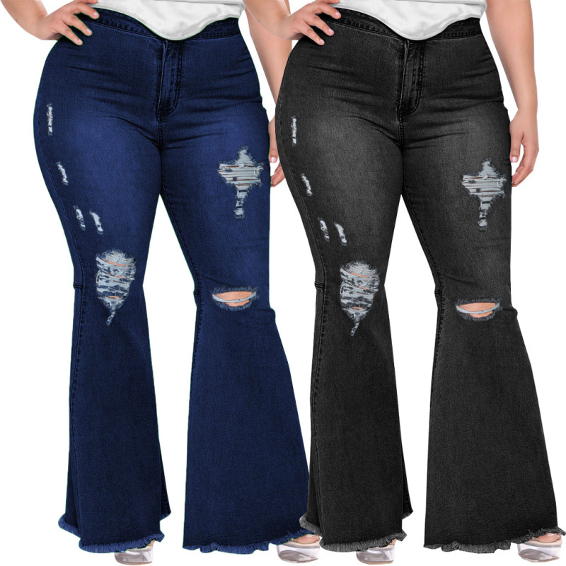 Fashion Slim Fit Wide Leg Perforated Plus Size Fat MM Flare Jeans