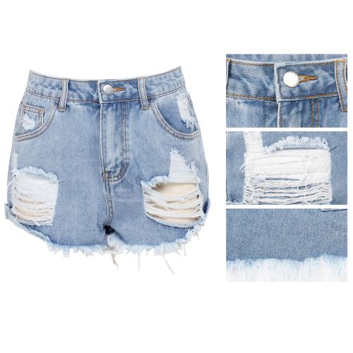 Fashionable and versatile slim fitting, washed and torn denim bulletless shorts