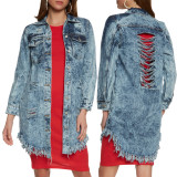 Fashionable distressed long denim jacket