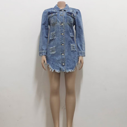 Fashionable distressed long denim jacket