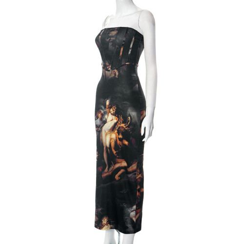 Casual Character Print Sleeveless Slim Fit Split Bra Long Dress