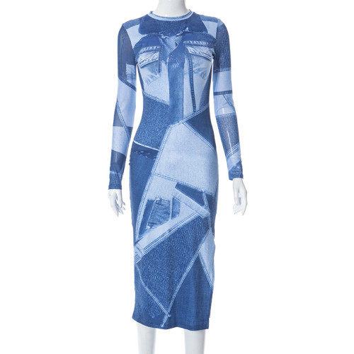 Casual denim printed round neck long sleeved slim fitting basic dress