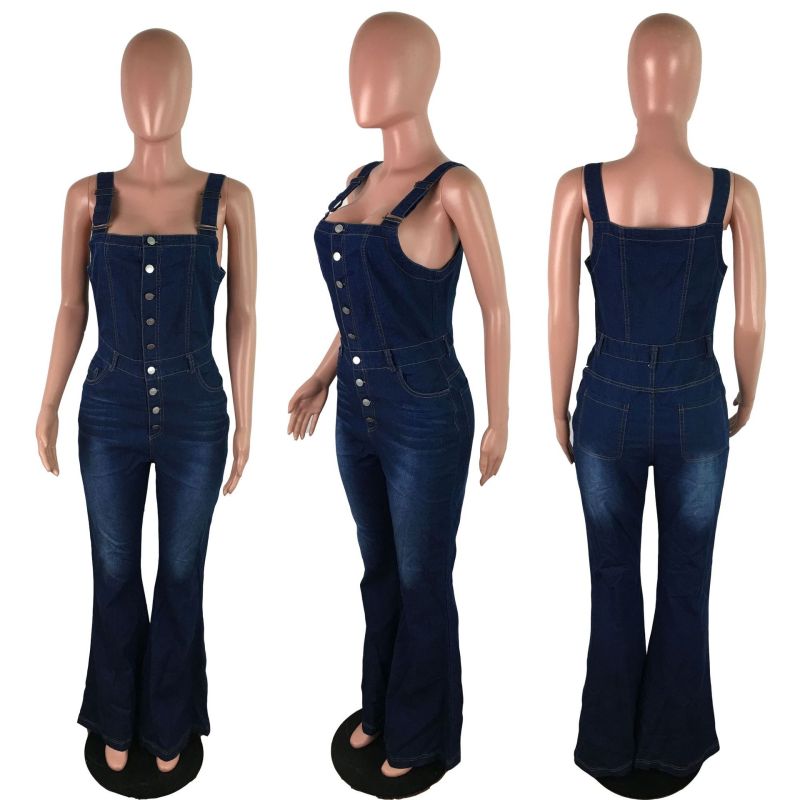 Women's fashion casual sexy shoulder straps denim jumpsuit wide leg pants