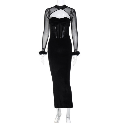 Plush mesh stitching sexy nightclub style hollowed out long skirt slim fitting dress