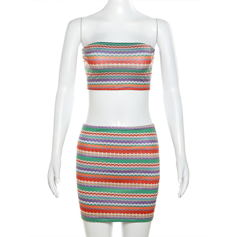 Fashionable bra feel, backless stripe print, slim fit, buttocks wrapped skirt set