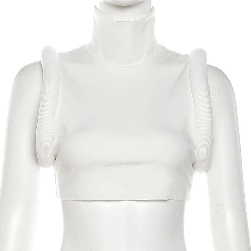 Fashion High Neck Pullover Solid Color Temperament Versatile Slim Fit Open Navel T-shirt