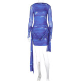 Long sleeved ribbon fashion tie dyed printed pleated buttock wrap dress