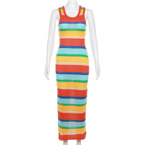 Knitted Skirt Contrast Color Fashion Sexy Hollow out Slim Fit Sleeveless Long Dress